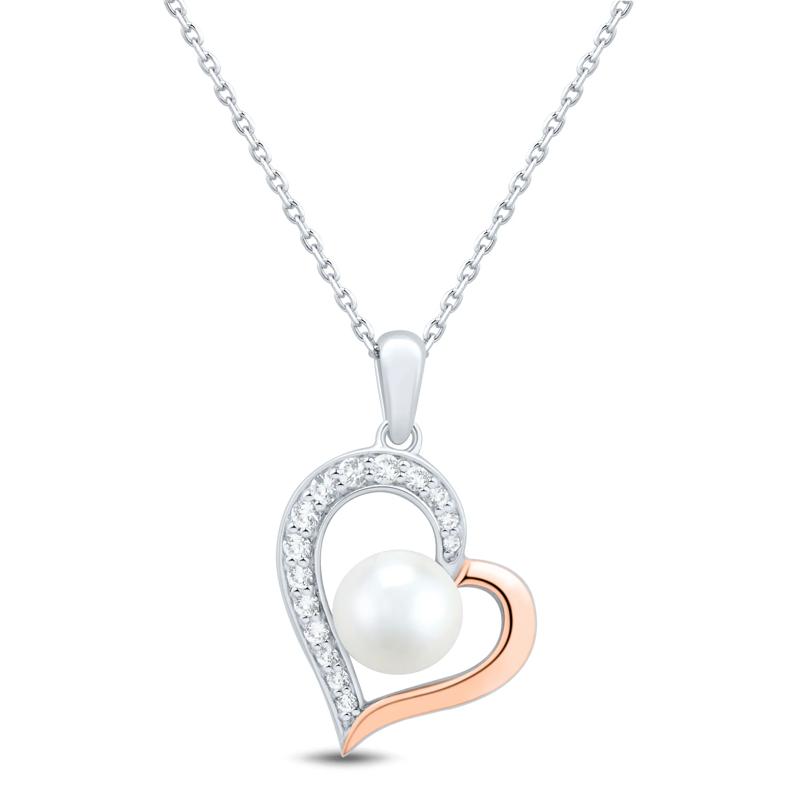 White Topaz and freshwater Pearl Heart Pendant in Sterling Silver and 10K Rose Gold – Image 1 of 3