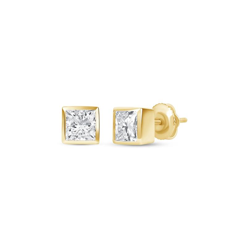 Lab Grown Diamond Princess-Cut Bezel-Set Solitaire Stud Earrings in 14K Yellow Gold (1/2 ct. tw.) – Image 1 of 3