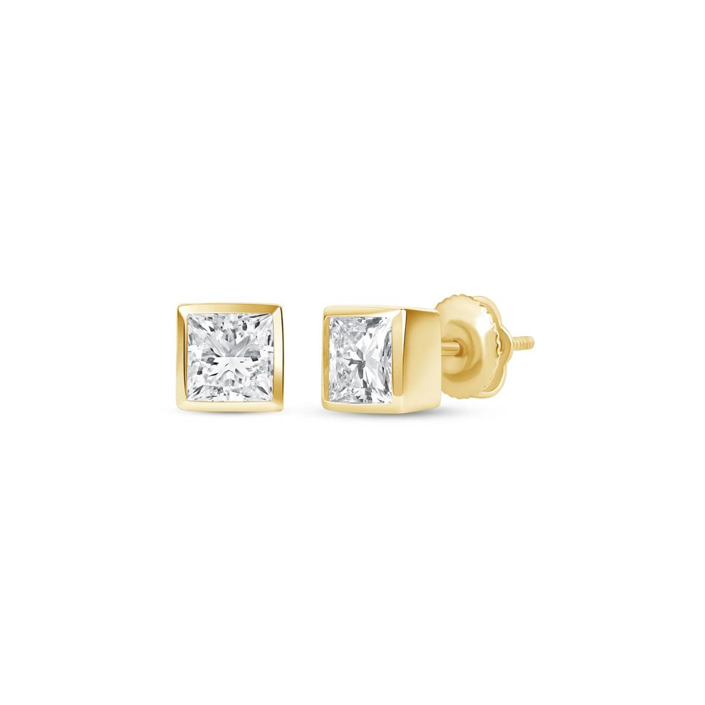 Lab Grown Diamond Princess-Cut Bezel-Set Solitaire Stud Earrings in 14K Yellow Gold (1/2 ct. tw.) – Image 1 of 3
