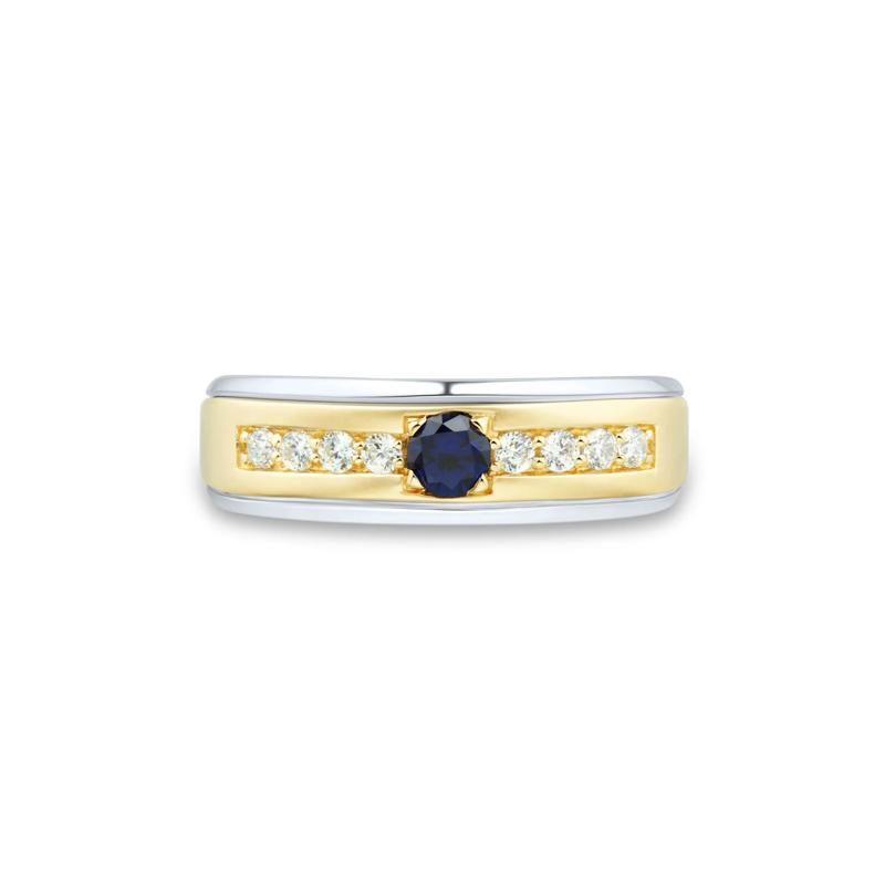 Men&#39;s Lab-Created Blue Sapphire and Diamond Band in 10K Yellow &amp; White Gold &#40;1/4 ct. tw.&#41; – Image 1 of 3