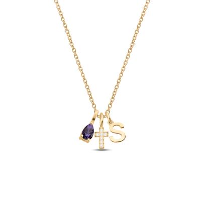 Personalized Cross, Initial and Gemstone Charm Necklace