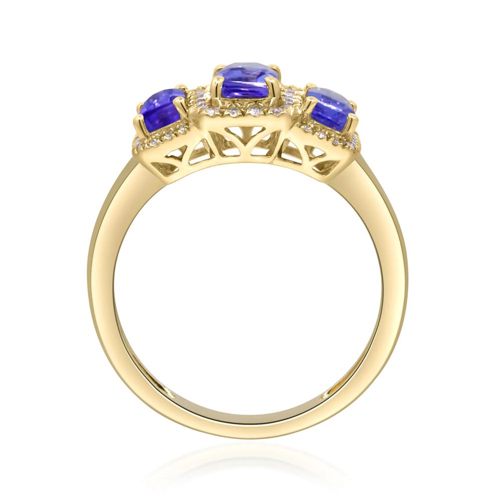 Tanzanite &amp; Diamond Halo Three-Stone Ring in 10K Yellow Gold (1/5 ct. tw.) – Image 2 of 4