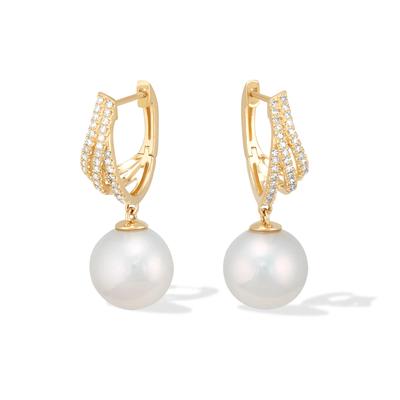 Freshwater Cultured Pearl & Diamond Drop Earrings in 14K Yellow Gold (1/3 ct. tw.)