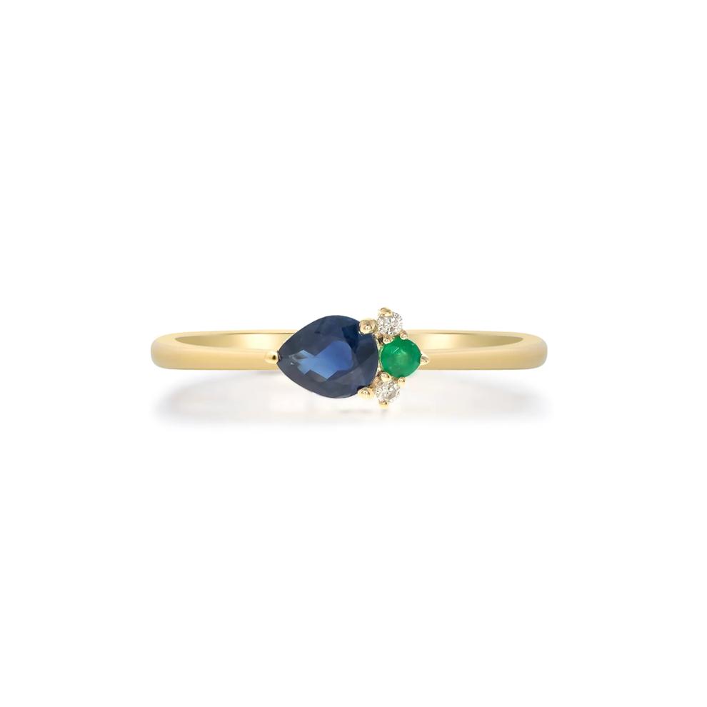 Blue Sapphire, Emerald and Diamond Ring in 10K Yellow Gold (1/7 ct. tw.) – Image 4 of 5