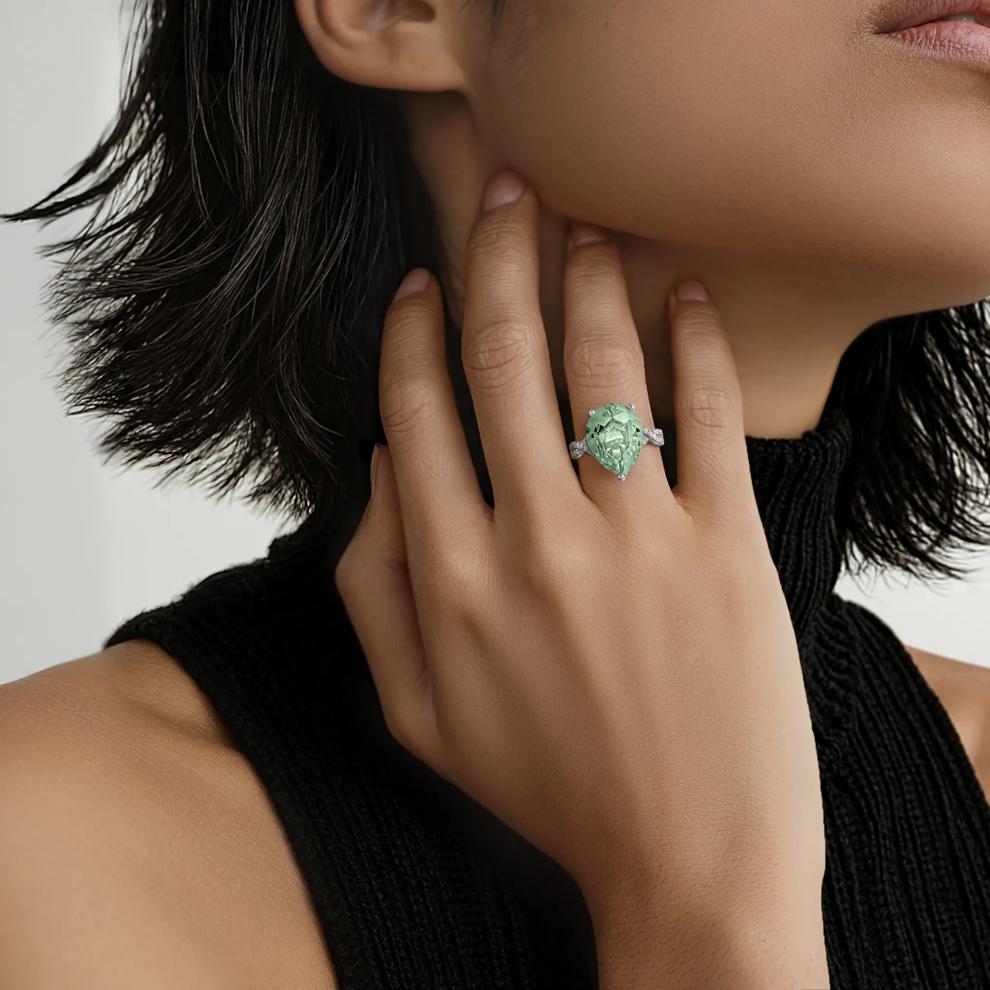 Green Amethyst and Lab-Created White Sapphire Cocktail Ring in Sterling Silver – Image 4 of 4