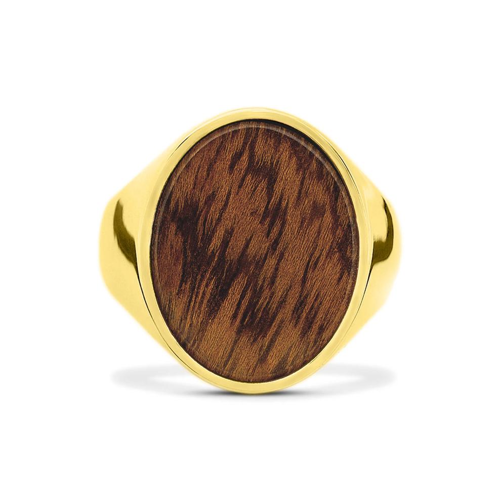 Men's Desert Iron Wood Inlay Signet Ring in 10K Yellow Gold – Image 1 of 4