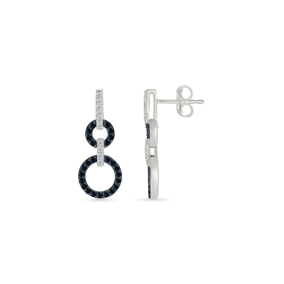 Black and White Diamond Circle Link Earrings in Sterling Silver – Image 2 of 3