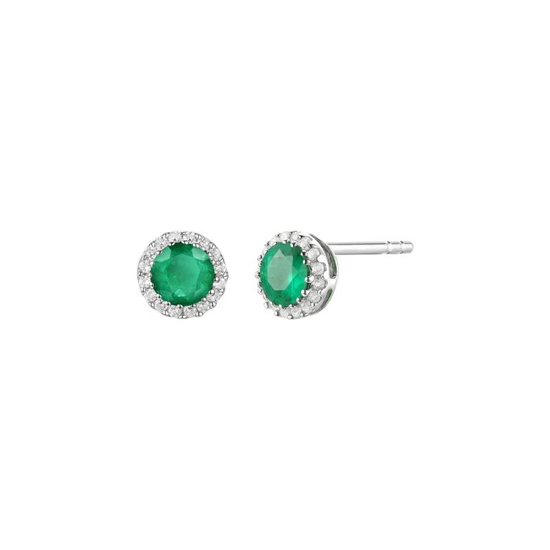 Diamond &amp; Emerald Stud Earrings in 14K White Gold – Image 1 of 1