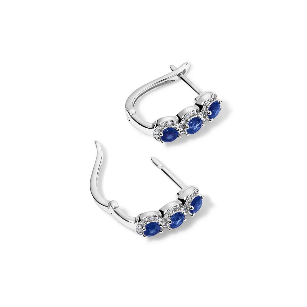 Blue Sapphire &amp; Diamond Three-Stone Hoop Earrings in 10K White Gold (1/4 ct. tw.) – Image 2 of 2