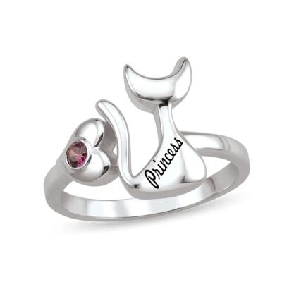 personalized cat ring with engraving & custom gemstone in 10K White Gold