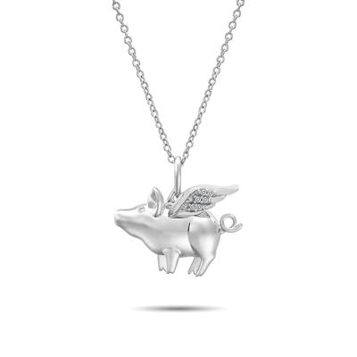 Diamond Accent Flying Pig Pendant in Sterling Silver