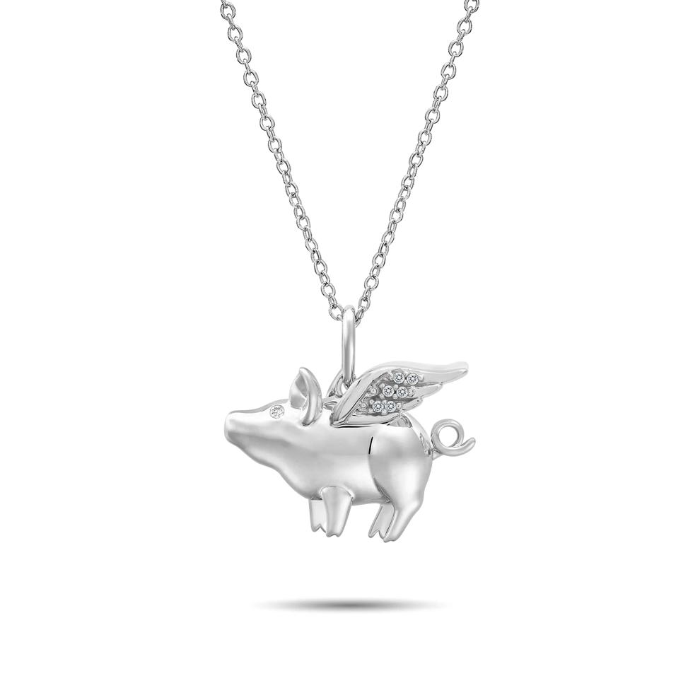 Diamond Accent Flying Pig Pendant in Sterling Silver – Image 1 of 4