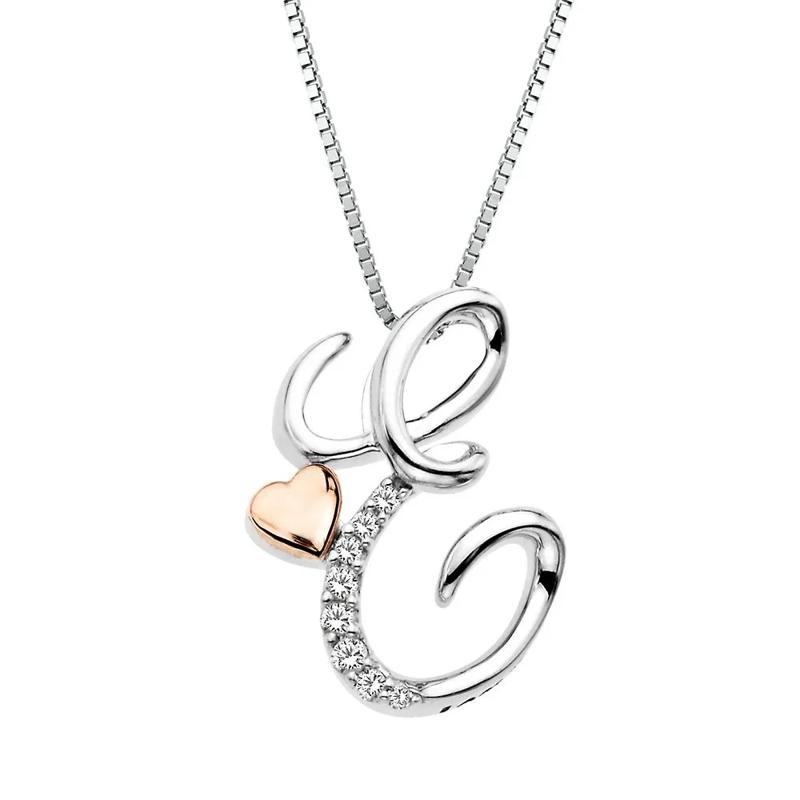 Diamond E Initial Pendant in Sterling Silver &amp; 14K Rose Gold  – Image 1 of 2