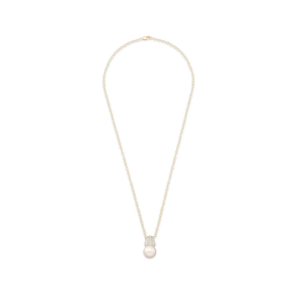Freshwater Cultured Pearl &amp; Diamond Drop Pendant Necklace in 14K Yellow Gold (1/5 ct. tw.) – Image 2 of 4