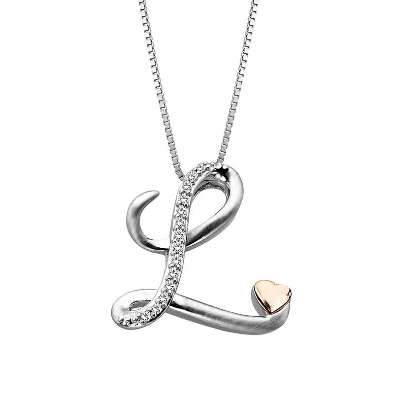 Diamond L Initial Pendant in Sterling Silver &amp; 14K Rose Gold  – Image 1 of 2