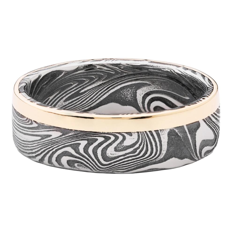 Men&rsquo;s 14K Yellow Gold Inlay Wedding Band in Sunset Damascus Steel, 7MM – Image 1 of 3