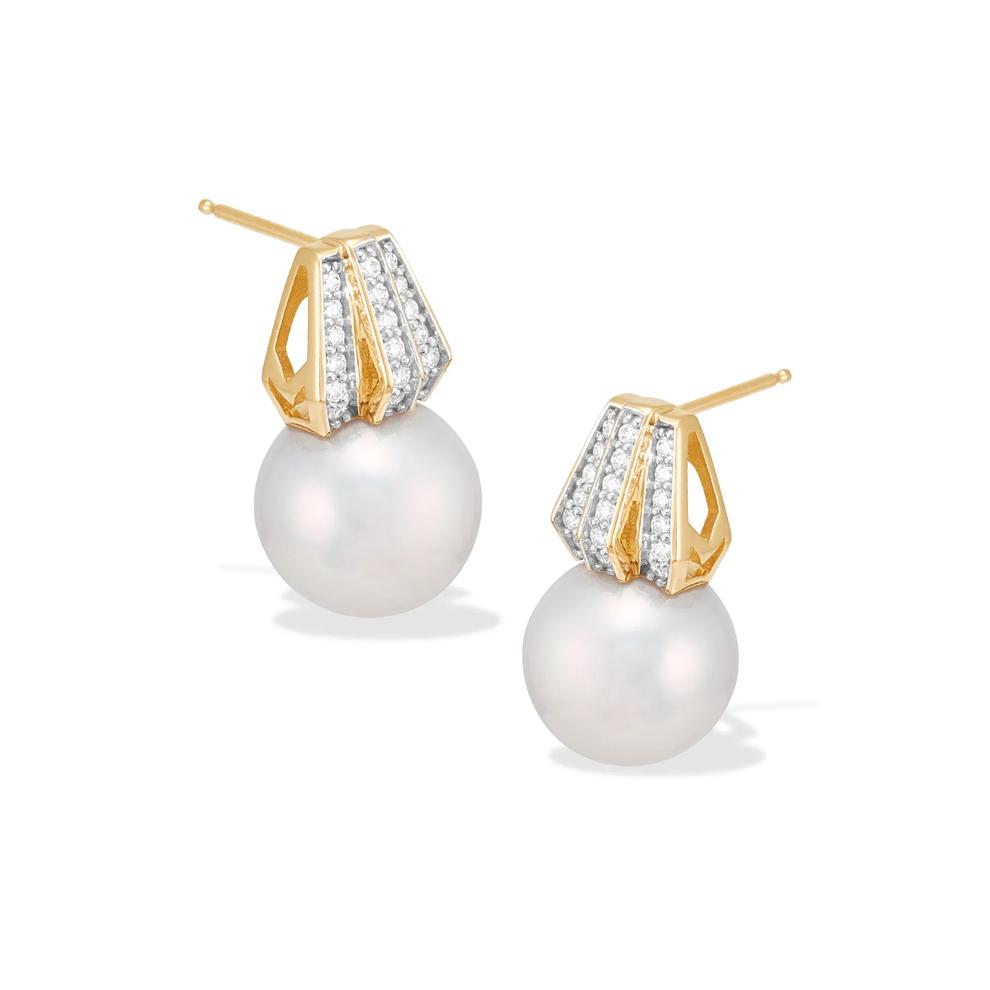 Freshwater Cultured Pearl &amp; Diamond Stud Earrings in 14K Yellow Gold (1/4 ct. tw.) – Image 1 of 2