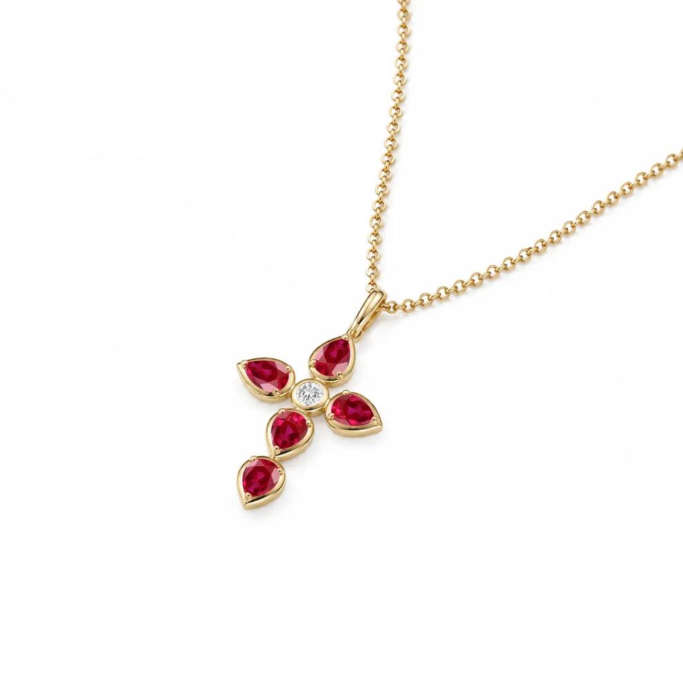 Lab-Created Ruby &amp; Diamond Accent Pear-Shaped Cross Pendant Necklace in 10K Yellow Gold – Image 4 of 4