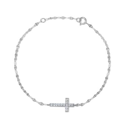 Lab-Created White Sapphire Cross Mirror Chain Bracelet in Sterling Silver, 7.5"
