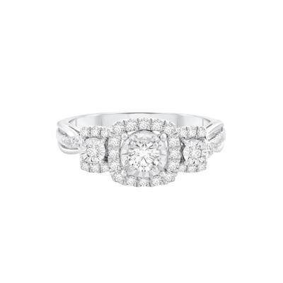Diamond Three-Stone Halo Ring in 10K White Gold (1/2 ct. tw.)
