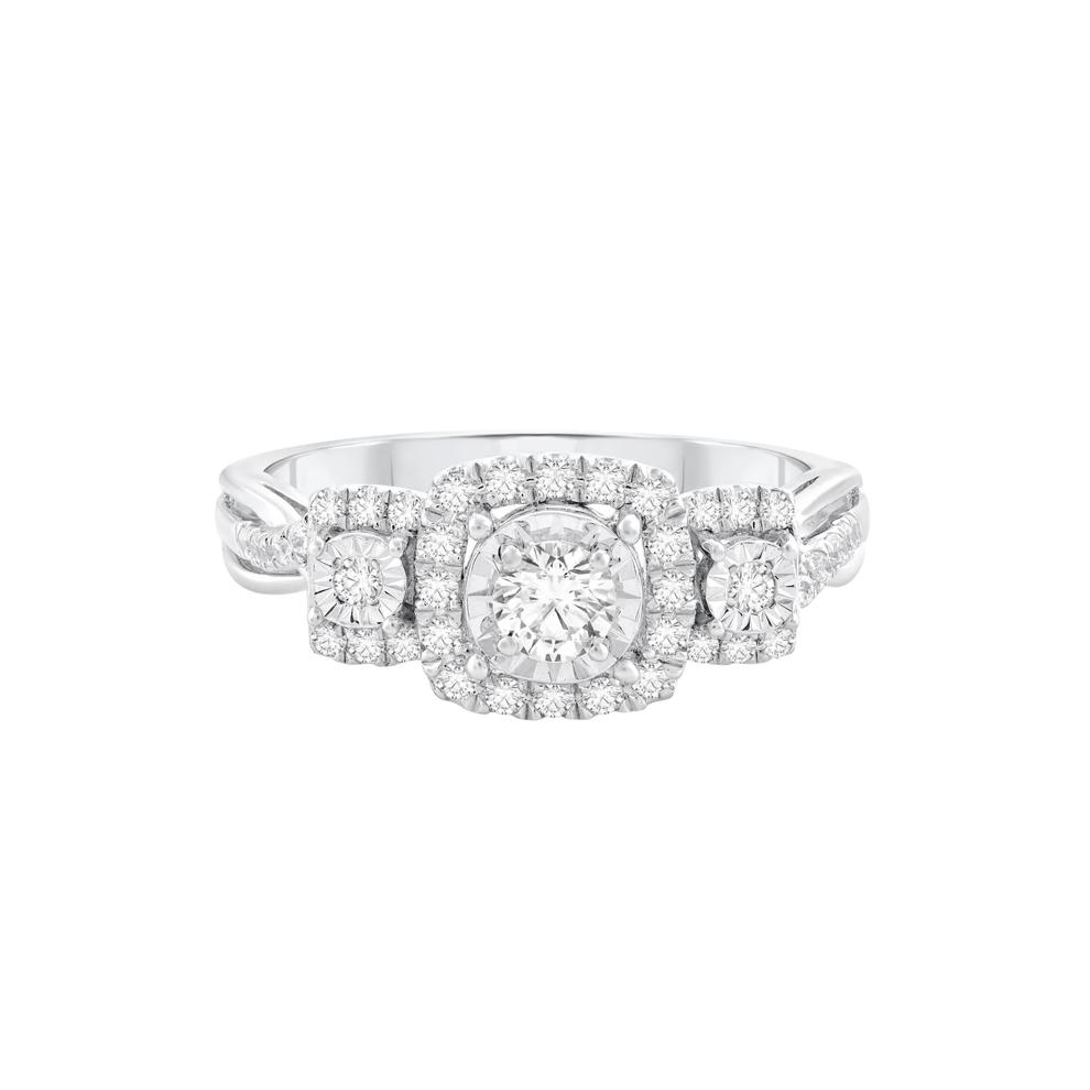 Diamond Three-Stone Halo Ring in 10K White Gold (1/2 ct. tw.) – Image 1 of 3