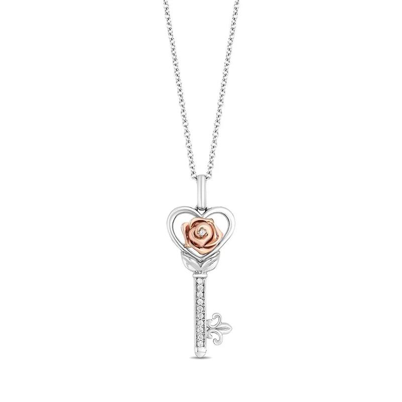 Enchanted Disney Belle 1/10 ct. tw. Diamond Rose Key Pendant in Sterling Silver &amp; 10K Rose Gold – Image 1 of 1