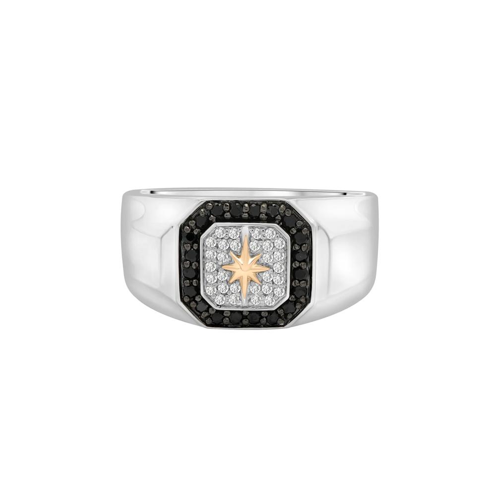 Men's Black and White Diamond Starburst Ring in Sterling Silver and 10K Yellow Gold (1/3 ct. tw.) – Image 1 of 5