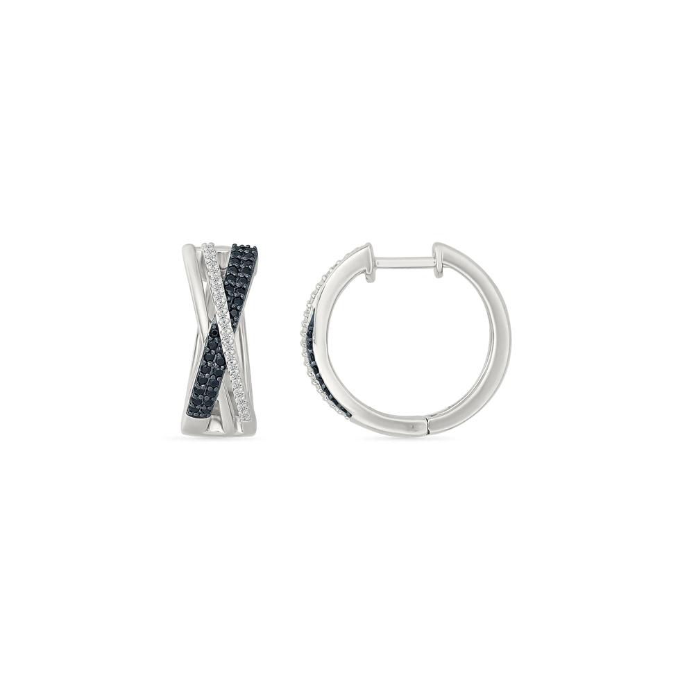 Black and White Diamond Crossover Hoop Earrings in Sterling Silver (3/8 ct. tw.) – Image 3 of 3