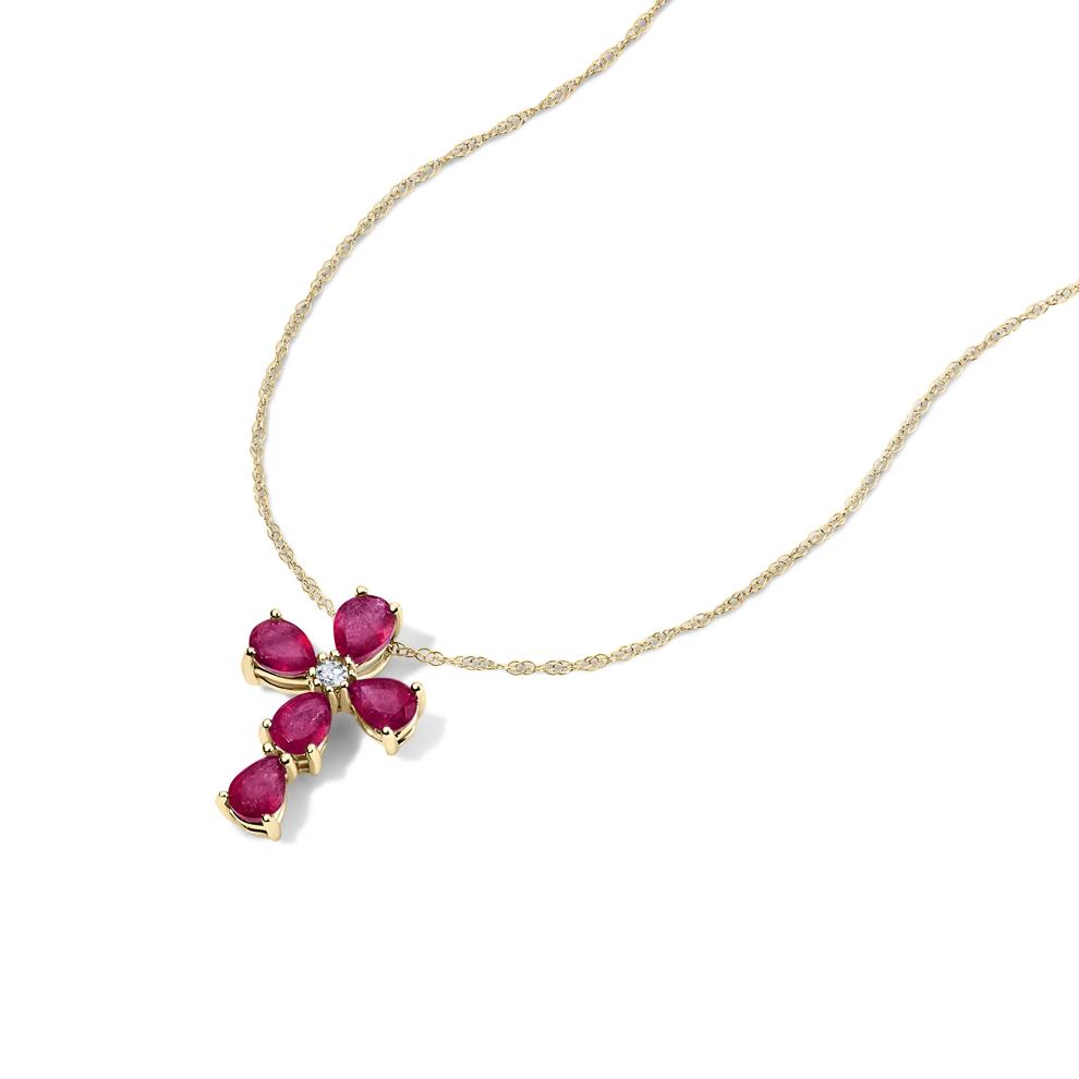 Ruby &amp; Diamond Accent Cross Pendant Necklace in 10K Yellow Gold – Image 4 of 4