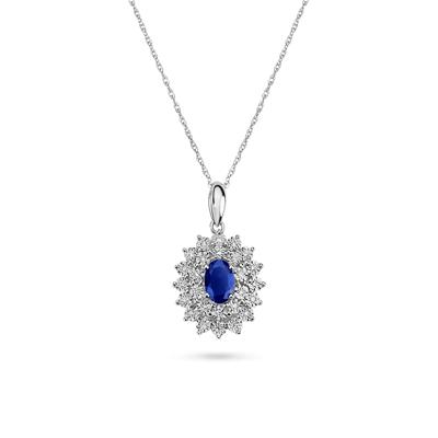 Oval Blue Sapphire & Diamond Double Halo Pendant Necklace in 10K White Gold (1/10 ct. tw.)