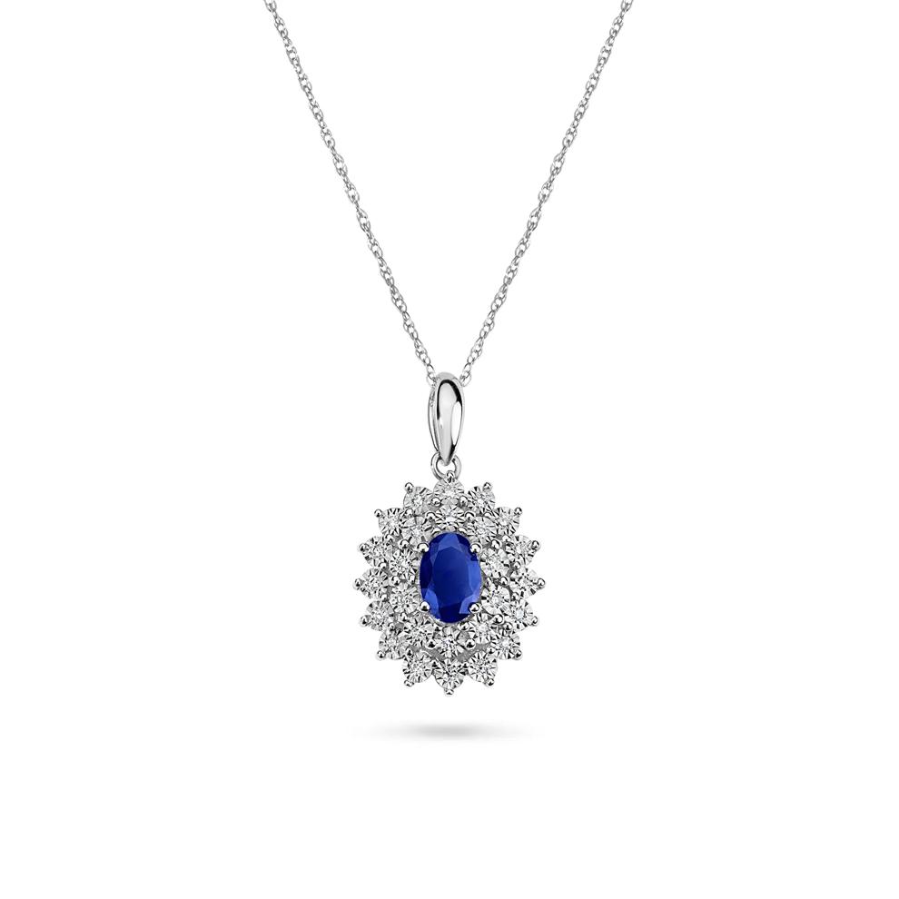 Oval Blue Sapphire &amp; Diamond Double Halo Pendant Necklace in 10K White Gold (1/10 ct. tw.) – Image 1 of 4