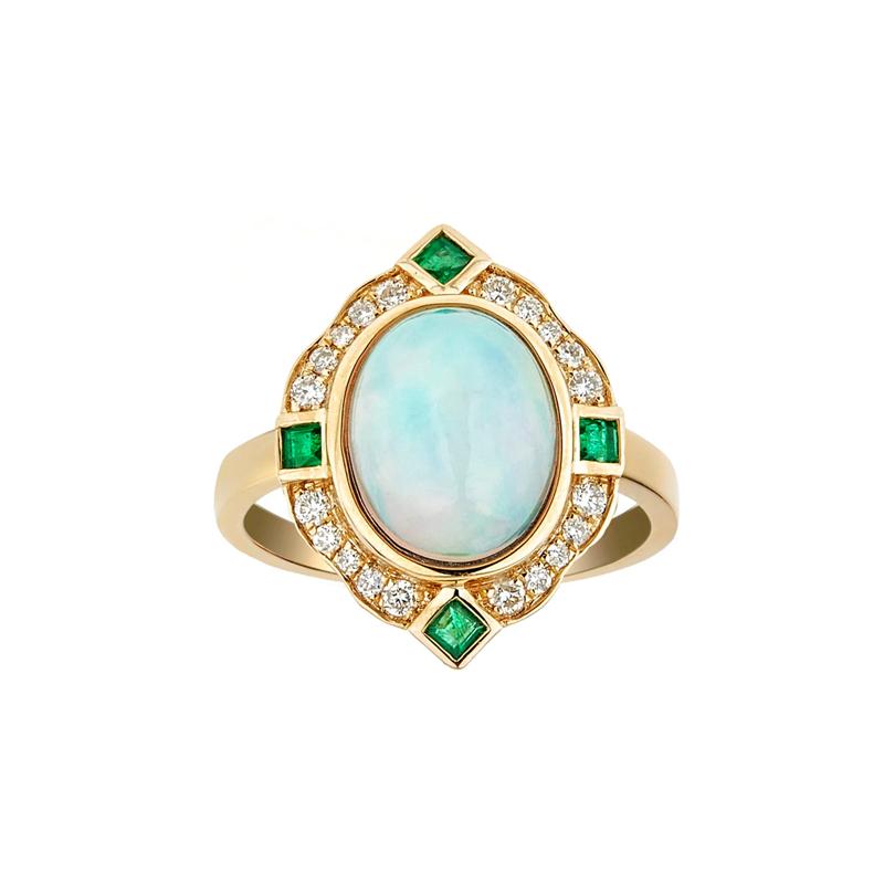 Opal, Emerald &amp; 1/5 ct. tw. Diamond Ring in 10K Yellow Gold – Image 1 of 3