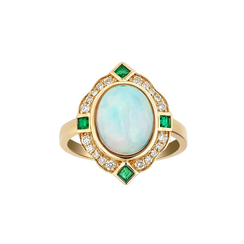 Opal, Emerald &amp; 1/5 ct. tw. Diamond Ring in 10K Yellow Gold – Image 1 of 3