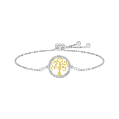 Tree of Life Bolo Bracelet with Diamonds in Sterling Silver & 10K Yellow Gold (1/8 ct. tw.)