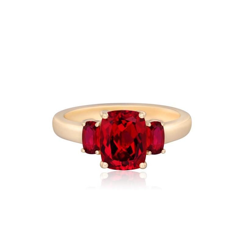 Cushion-Cut Lab-Created Ruby Three-Stone Ring in 10K Yellow Gold – Image 1 of 3