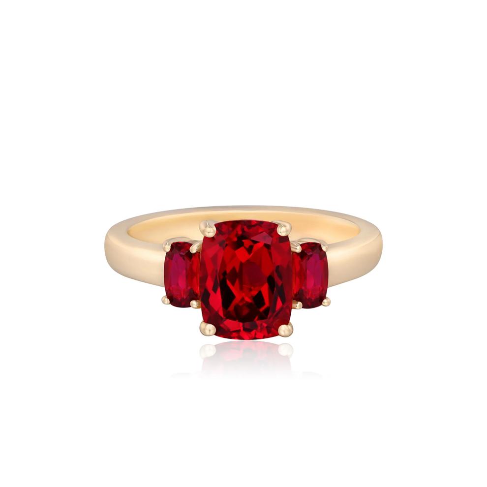 Cushion-Cut Lab-Created Ruby Three-Stone Ring in 10K Yellow Gold – Image 1 of 3
