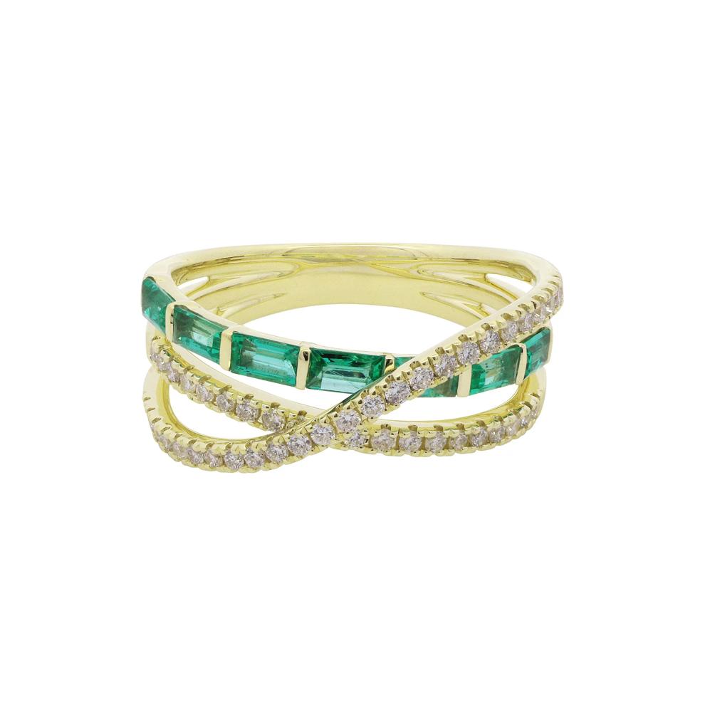 Baguette Emerald &amp; Round Diamond Layer Wrap Ring in 10K Yellow Gold  – Image 2 of 3