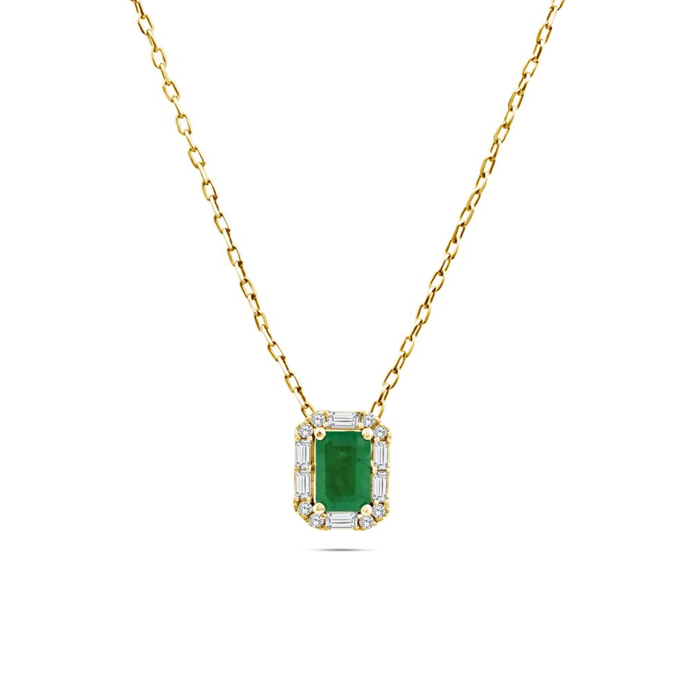 Emerald &amp; Diamond Art Deco-Inspired Halo Pendant Necklace in 10K Yellow Gold (1/7 ct. tw.) – Image 1 of 4