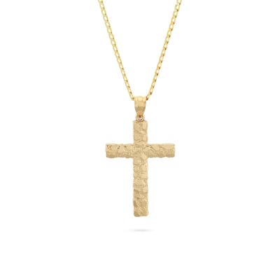 Solid Nugget Cross Pendant Curb Chain Necklace in 10K Yellow Gold