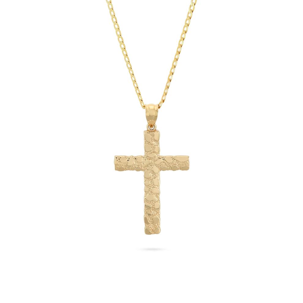 Solid Nugget Cross Pendant Curb Chain Necklace in 10K Yellow Gold – Image 1 of 4
