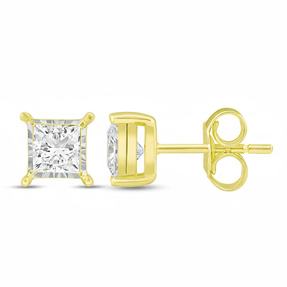 Lab Grown Princess-Cut Diamond Illusion Stud Earrings in 10K Yellow Gold (3/4 ct. tw.) – Image 3 of 4