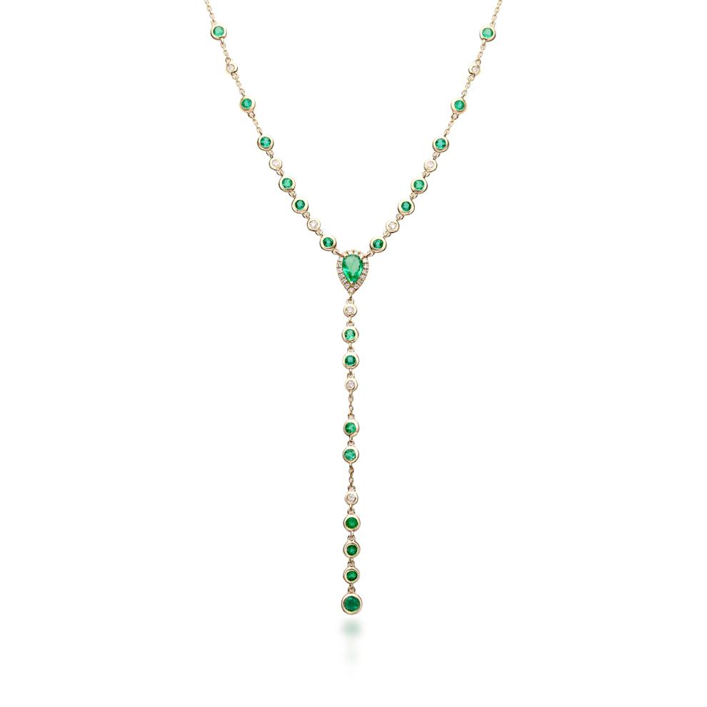 Bezel-Set Emerald and Diamond Drop Necklace in 14K Yellow Gold (1/5 ct. tw.) – Image 1 of 3