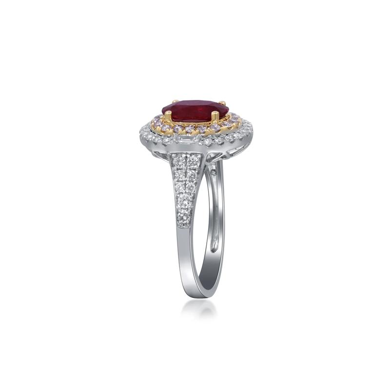 Ruby and Diamond Double Halo Ring in 14K White and Yellow Gold &#40;5/8 ct. tw.&#41; – Image 3 of 5