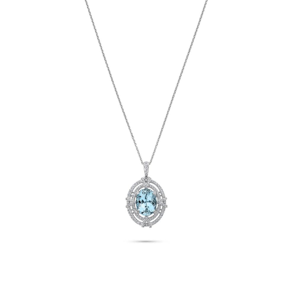 Aquamarine &amp; Diamond Halo Pendant Necklace in 14K White Gold (1/2 ct. tw.) – Image 1 of 2