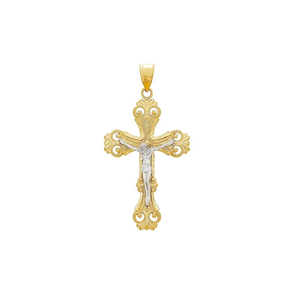 Diamond Cut Crucifix Charm in 14K Yellow &amp; White Gold – Image 1 of 2