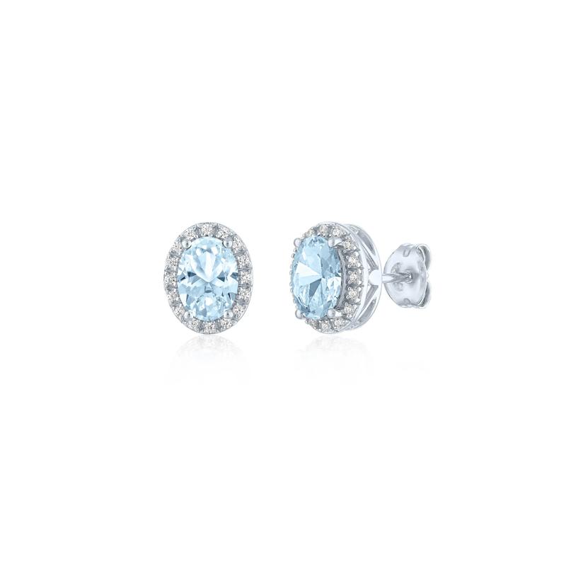 Aquamarine and Diamond Halo Earrings in Sterling Silver &#40;1/10 ct. tw.&#41; – Image 1 of 1