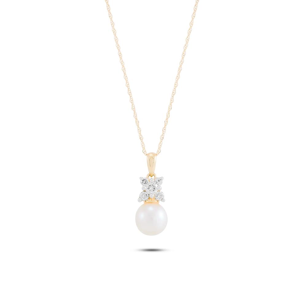 Diamond &amp; Freshwater Cultured Pearl Pendant Necklace in 10K Yellow Gold (1/4 ct. tw.) – Image 1 of 4