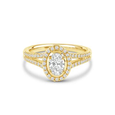Oval Center Diamond Halo Engagement Ring in 18K Yellow Gold (3/4 ct. tw.)