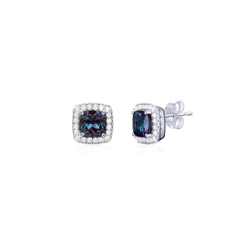 Lab-Created Alexandrite and Lab-Created White Sapphire Halo Earrings in Sterling Silver – Image 1 of 1