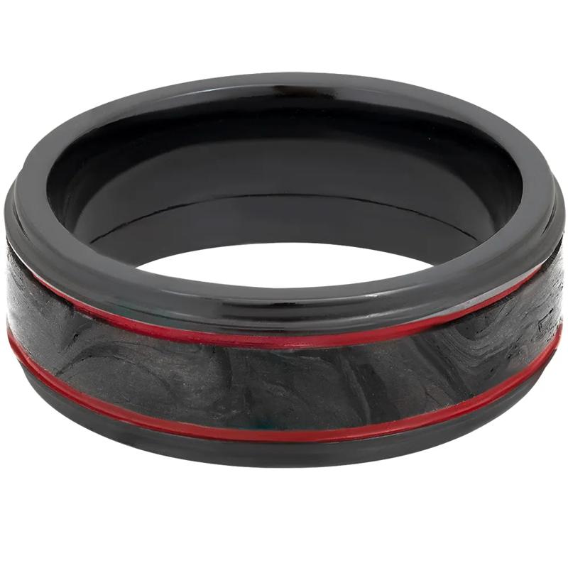 Men&rsquo;s Wedding Band with Red Cerakote in Carbon Fiber &amp; Black Zirconium, 8mm – Image 1 of 3